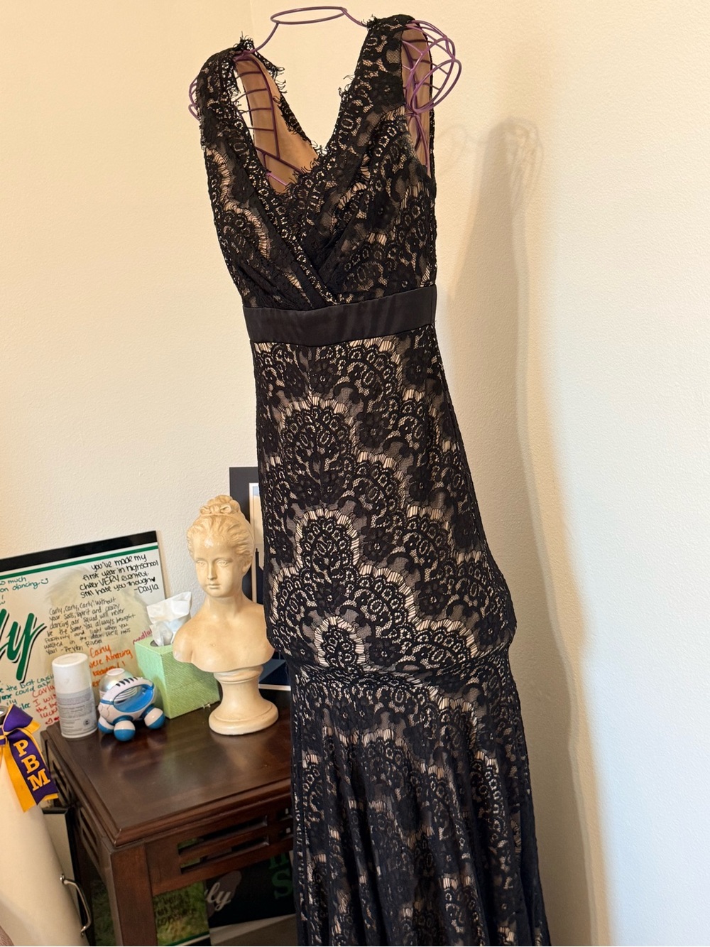Betsy & Adam Black Lace One-Shoulder Evening Gown